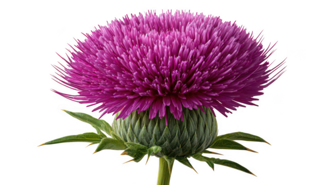 Vibrant purple thistle flower head isolated on transparent background