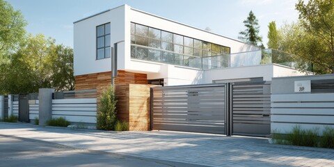Modern house with a large white and wooden gate, a fence for a car parking lot in front of the modern home, glass windows on the top floor,