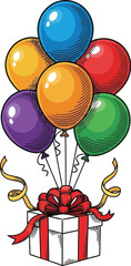 A vibrant bunch of colorful balloons tied to a gift box creates a festive and celebratory atmosphere, perfect for birthdays, parties, or any special occasion.