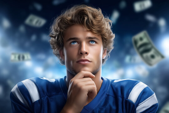 Young male athlete visualizing success while surrounded by floating dollar bills. Bright arena lights highlighting his focused expression. Concept of sports marketing, athlete inspiration, finance - Powered by Adobe