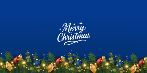 Christmas banner and poster with fir branches confetti and sparkles of gold lights blur bokeh on red, green, blue background. Bright merry Christmas and New Year cards, flayer set design holiday frame