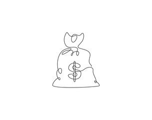 Continuous line drawing of money bag. Single line illustration of money bag. Business and finance concept. Editable outline