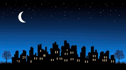 Fototapeta premium Cityscape Silhouette at Night with Moon and Stars