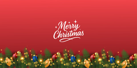 Christmas banner and poster with fir branches confetti and sparkles of gold lights blur bokeh on red, green, blue background. Bright merry Christmas and New Year cards, flayer set design holiday frame