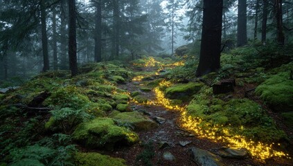 Obraz premium Misty forest path lit by glowing moss