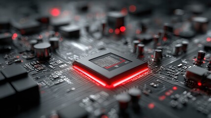 Close-up of red-glowing chip reveals intricate tech layout, highlighting processor design, circuit detail, and futuristic computing power