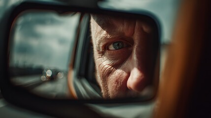 Face reflected in car side mirror showing road and sky.