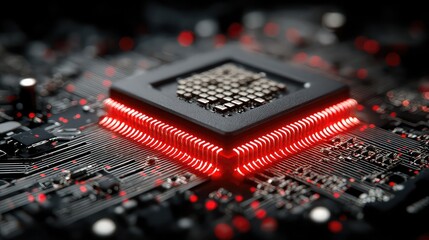 Close-up of red-glowing chip reveals intricate tech layout, highlighting processor design, circuit detail, and futuristic computing power