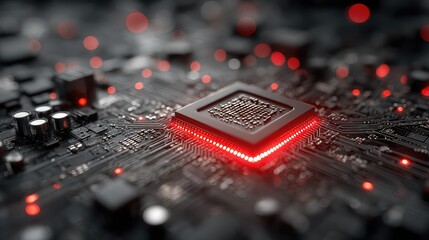 Close-up of red-glowing chip reveals intricate tech layout, highlighting processor design, circuit detail, and futuristic computing power