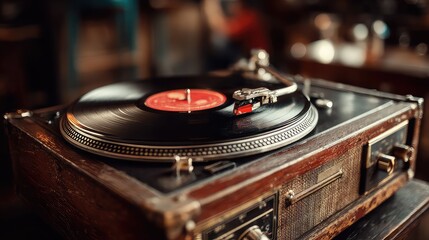 Close-up of vinyl record on turntable with needle playing music, symbolizing retro entertainment, analog sound quality, and nostalgic musical experience in creative background