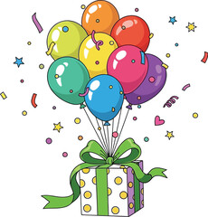 A cheerful gift box tied with a green ribbon floats with colorful balloons and confetti, perfect for birthday celebrations and festive occasions.