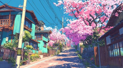 A serene anime street scene blooming with cherry blossoms evoking springtime nostalgia and quiet beauty with clear blue