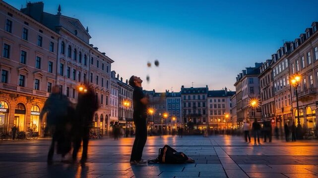 Juggler Performing in European City Square at Dusk with Blurred Pedestrians