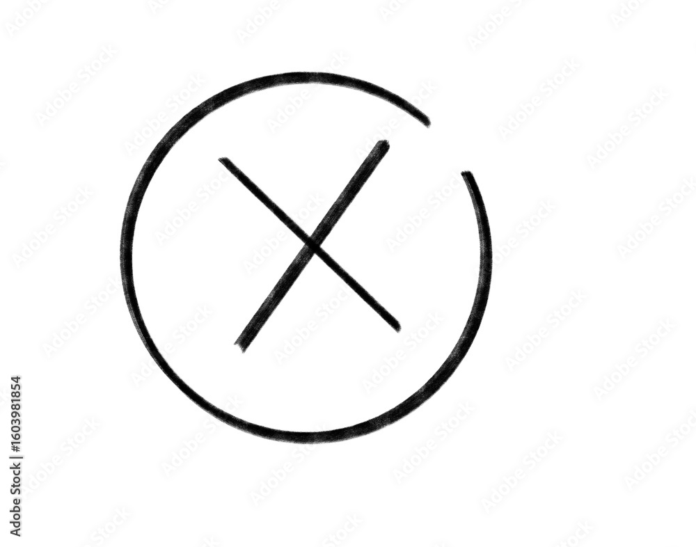 Poster hand drawn sketched x mark inside incomplete circle, representing rejection or error, on transparent