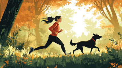 Woman Jogging with Black Dog in Autumn Forest Pixel Art
