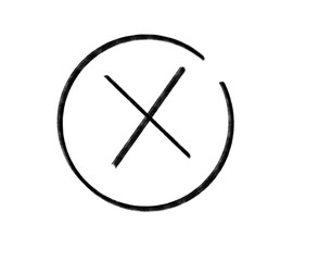 Hand drawn sketched X mark inside incomplete circle, representing rejection or error, on transparent background