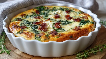 Keto crustless quiche with bacon, cheese, and spinach served in a pie dish