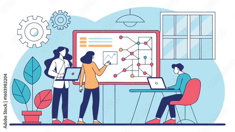 Poster team collaborates in modern office for innovative project planning and data analysis during daylight