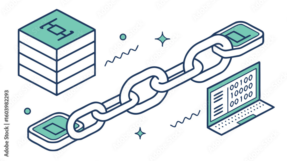 Poster blockchain technology connecting data storage with digital security in a modern network design