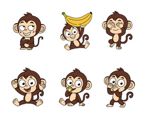 Funny Monkey Cartoon Character Set with Different Expressions
