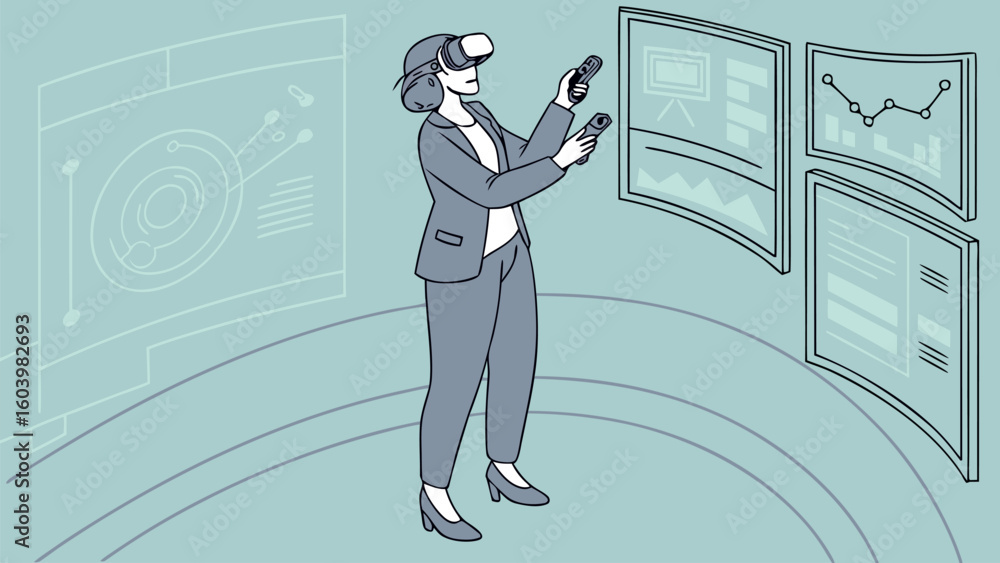 Poster virtual reality user engages with data visualization in an immersive environment during a modern tec
