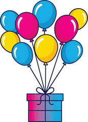 A cheerful gift box with a vibrant assortment of blue, yellow, and pink balloons creates a festive and celebratory atmosphere perfect for birthdays or special occasions.