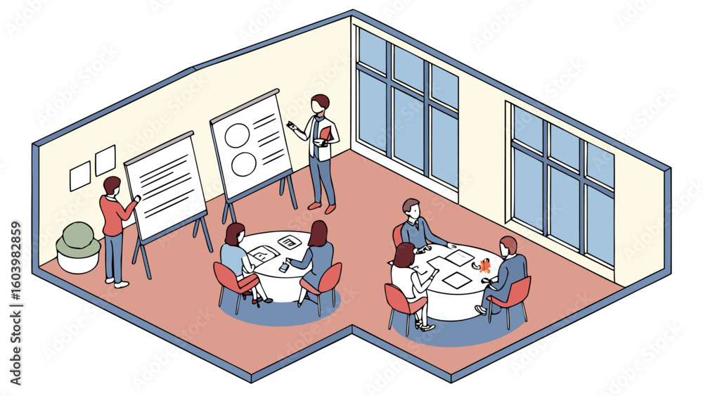 Poster collaborative work session in a modern office with a focus on brainstorming and presentation