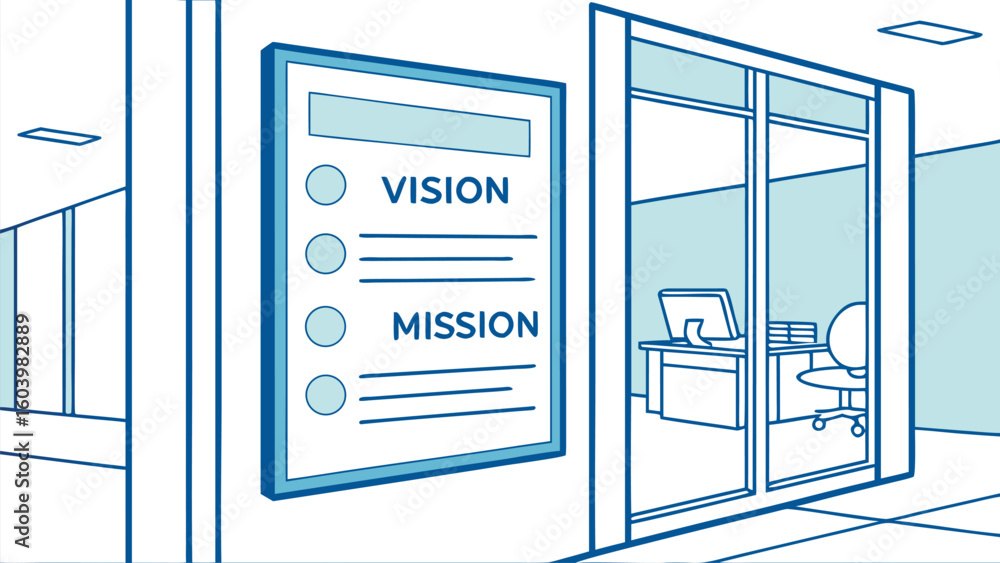 Poster vision and mission statement display in a modern office corridor during working hours