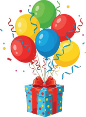 A festive gift box adorned with a red bow is topped with a vibrant bunch of colorful balloons and confetti, perfect for birthday celebrations and special occasions.
