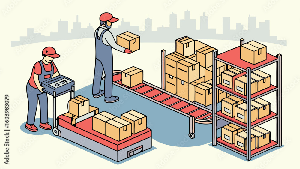 Poster warehouse workers sort and organize packages during the day in an urban setting with storage shelves