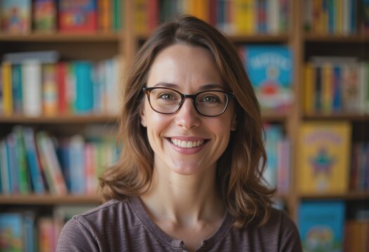 Preschool educator smiling during a story time session in a colorful library