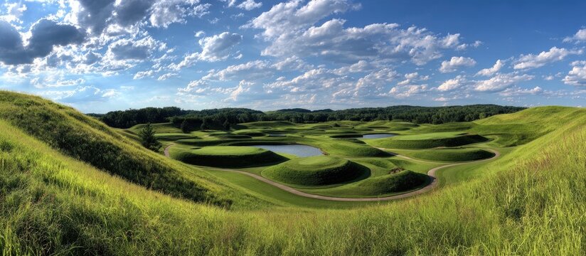 Panoramic view of a sculpted golf course with rolling hills and fairways under a partly cloudy sky