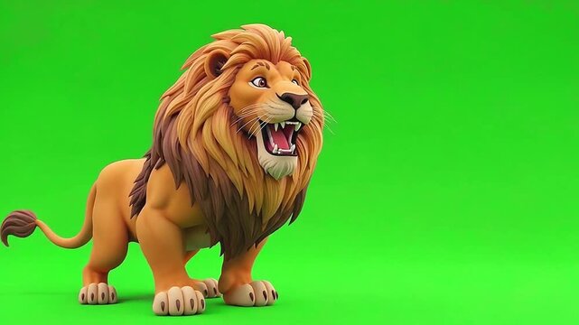 3D Cartoon Majestic Friendly Lion King Greeting on Green Screen for Kids Animation