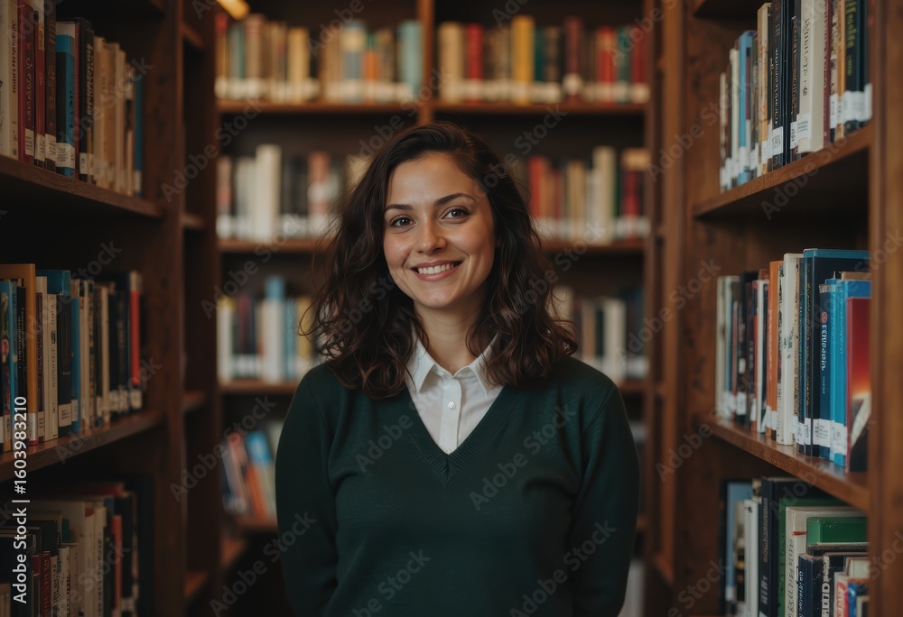 Poster school librarian smiling while organizing reading materials in a library