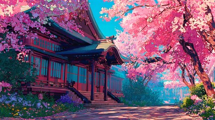 Serene Japanese temple bathed in spring bloom a peaceful scene that evokes a sense of wonder and ancient beauty with