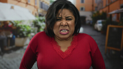 Young plus-size hispanic woman angrily shouting on an outdoor city restaurant terrace, capturing...