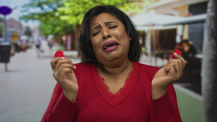 Young woman outdoors holding a broken paper heart while expressing sadness on a city street, capturing an emotional moment of heartbreak and introspection in an urban setting.