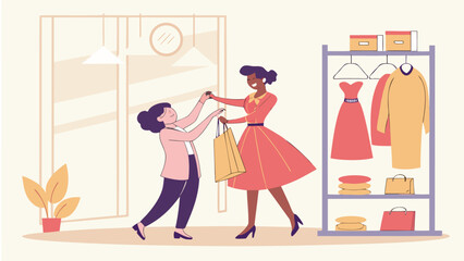 Shoppers exchanging bags in a stylish boutique during daytime with fashionable clothing displays in view