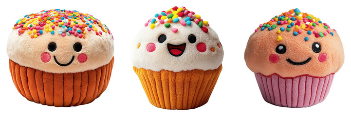 Set of Cute and Smiling Cupcake Plushies with Soft Textures, Decorative Frosting, and Bright Rainbow Sprinkles on Transparent Background