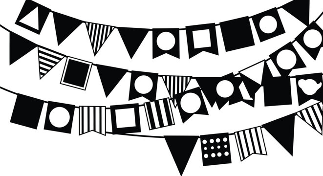 Black and white bunting flags create a festive garland, perfect for celebrations, parties, or decorative design elements with geometric shapes and playful patterns.