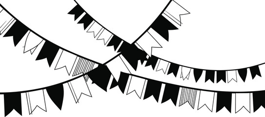 Festive black and white bunting illustration creates a celebratory atmosphere with hanging flags, perfect for party decorations and graphic design projects.