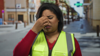 Fototapeta premium Woman in reflective vest on a city street appears tired and contemplative with a plus size frame, conveying a sense of fatigue in an urban setting.