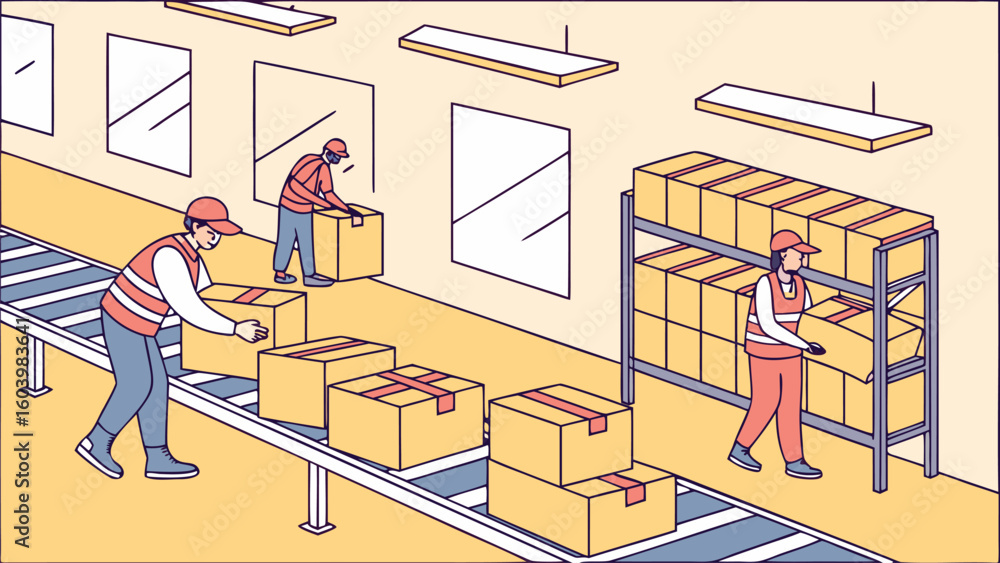 Poster workers sorting and handling packages in a warehouse during the day to ensure efficient shipping and