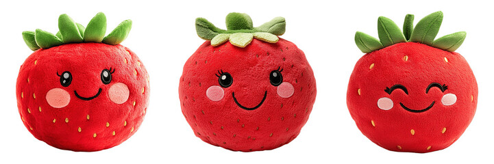 Set of Cute Round Plush Strawberry Toys with Smiling Faces and Green Leaf Tops Isolated on Transparent Background