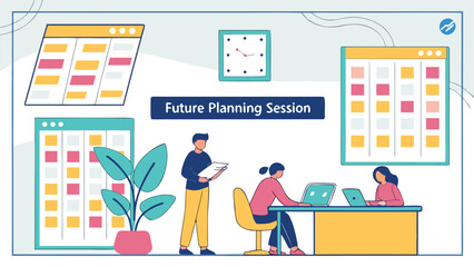 Team collaborates on future planning session in a modern office setting with colorful digital boards