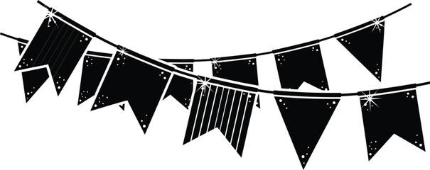 Festive black bunting banner illustration features a string of decorative flags, perfect for celebrations, parties, and adding a touch of graphic design flair to any project.