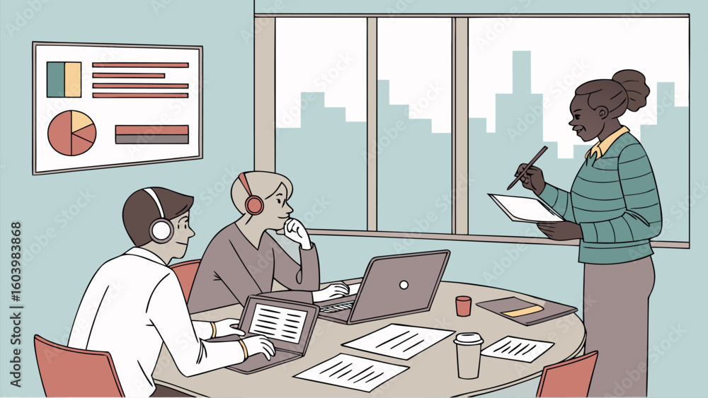 Aufkleber team collaborates in modern office setting with laptops and presentations during working hours