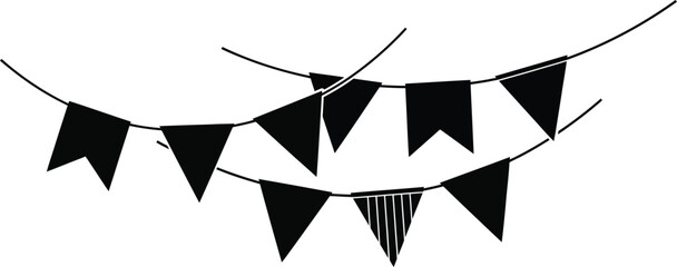 Festive black bunting flags hang on a string, creating a celebratory atmosphere with a minimalist design perfect for party decorations and event design elements.