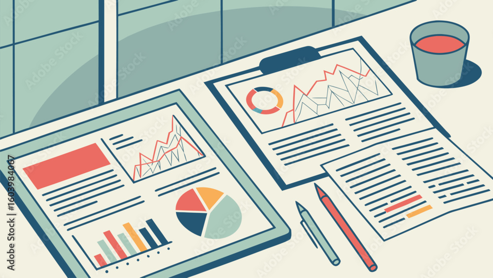 Poster data analysis on a desk with graphs, charts, and statistics displayed during a work session in an of