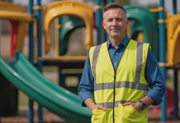 Playground supervisor ensuring safety equipment is in place for children